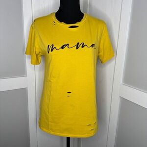 Yellow "Mama" Graphic Tee Distressed Style | Size‎ Small Women's Casual T-Shirt